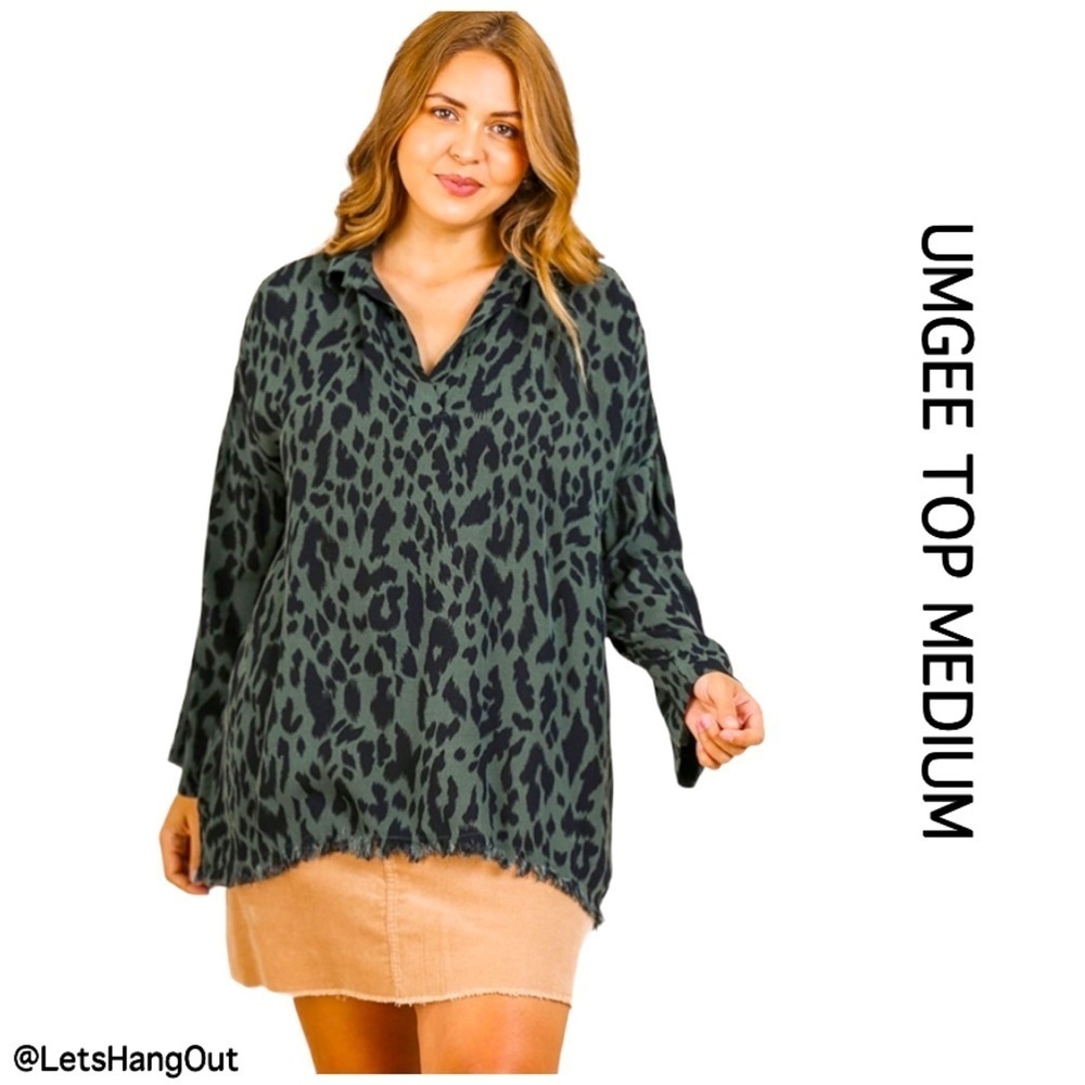 Umgee Medium Animal Print Long Sleeve V-Neck Turn Closing Closet
